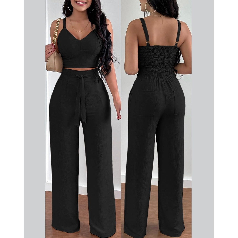 Women Casual Shirred Crop Cami Top & Pocket Design Wide Leg Pants Set