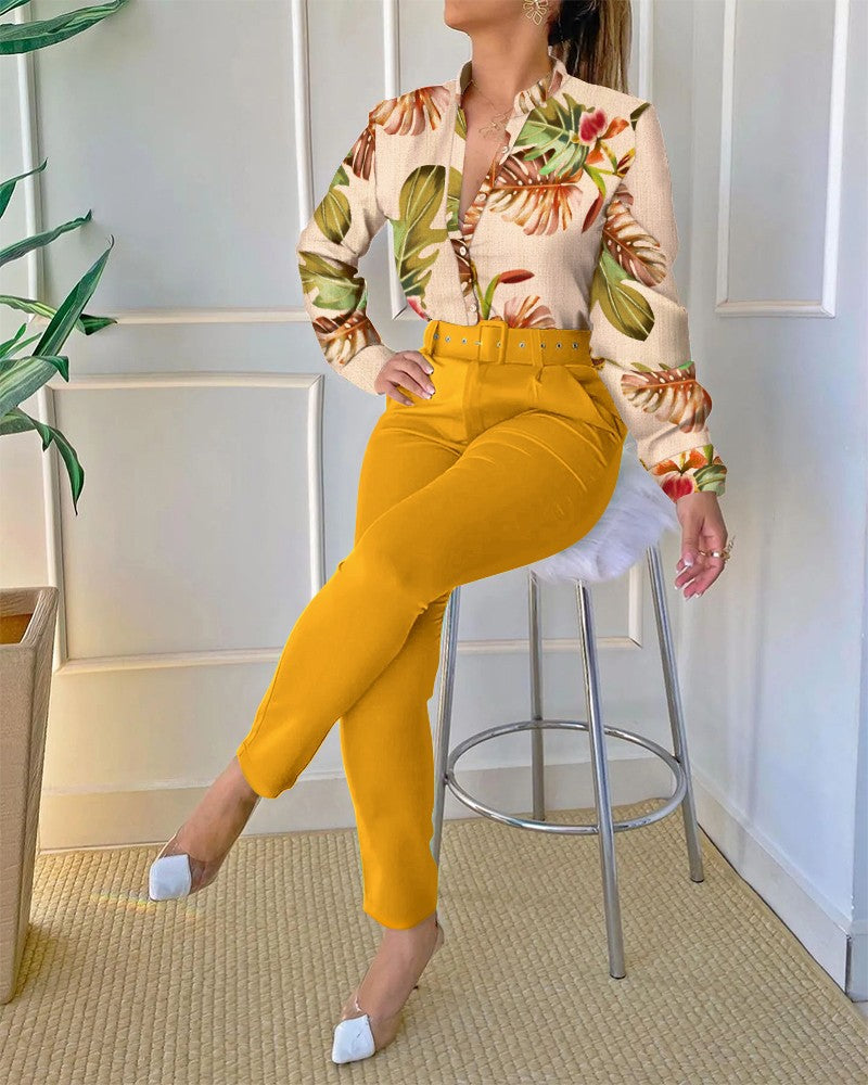 Autumn Fashion Print Stand-Up Collar Long-Sleeved Shirt Top with Belt Solid Color Trousers