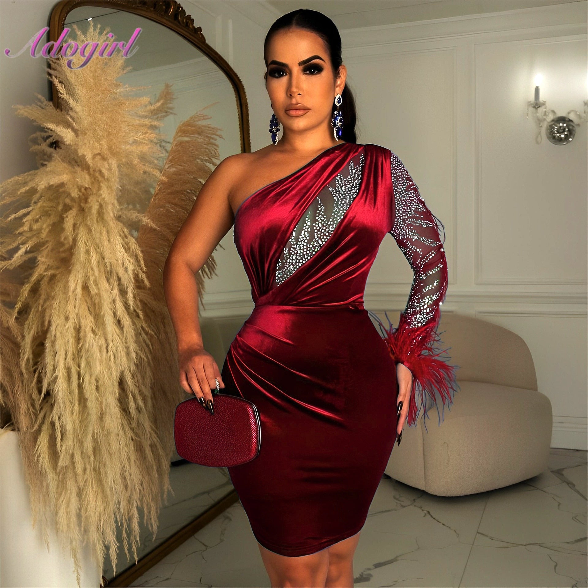 Feather Rhinestone One Shoulder  Velvet  Long Sleeve Club Mini Dress