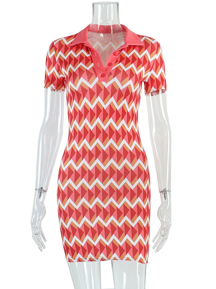Summer Short Sleeve Turn-down Neck Wave Stripe Printed Mini Dresses