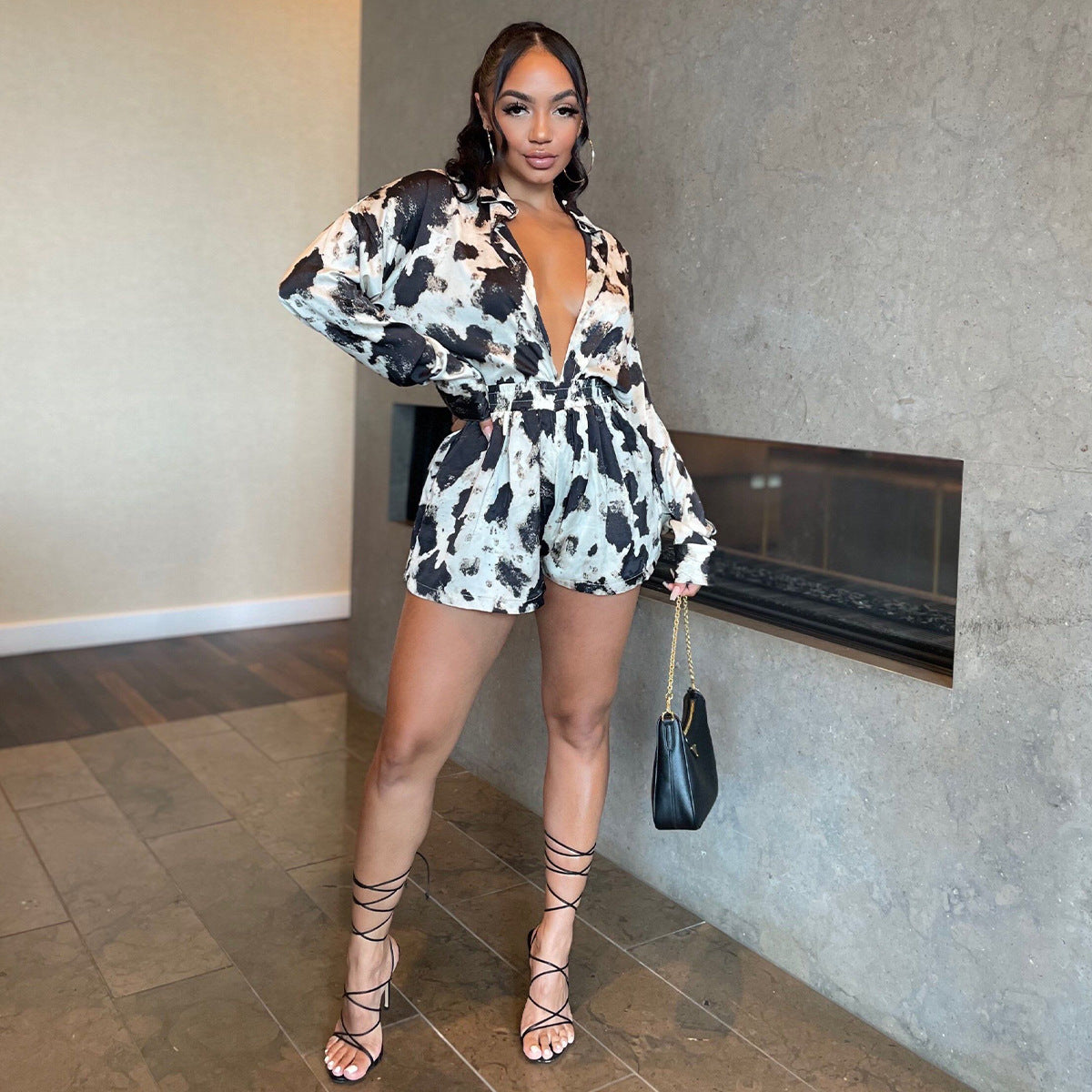 Chic Graffiti Printed Lapel Long Sleeve Shirt Tops and Shorts Suit