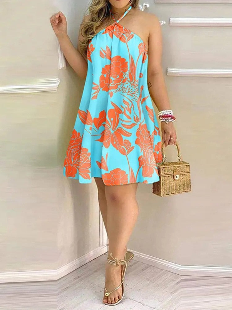 Tropical Print Halter Backless Casual Dress