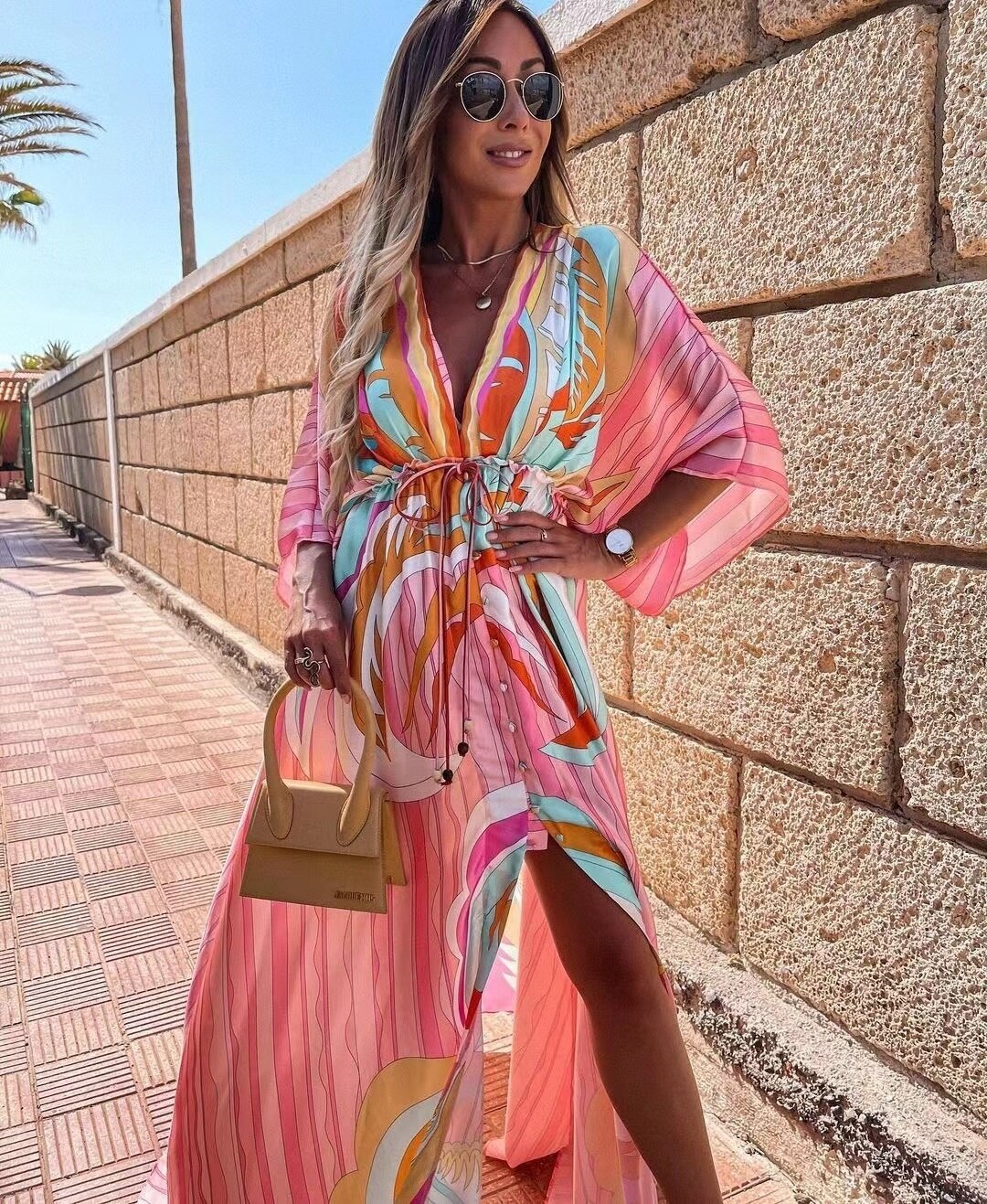 V-Neck Full Sleeve Women High Waist A-line Maxi Dress