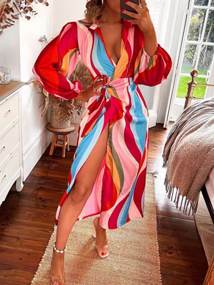 Sexy  Colorful Print Boho Beach Tie-Up Wrap Split Dress