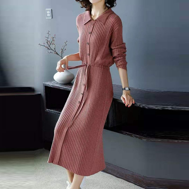 Autumn Winter Elegant Lace Up Button Slim Soft Knitted Sweater Midi Dress