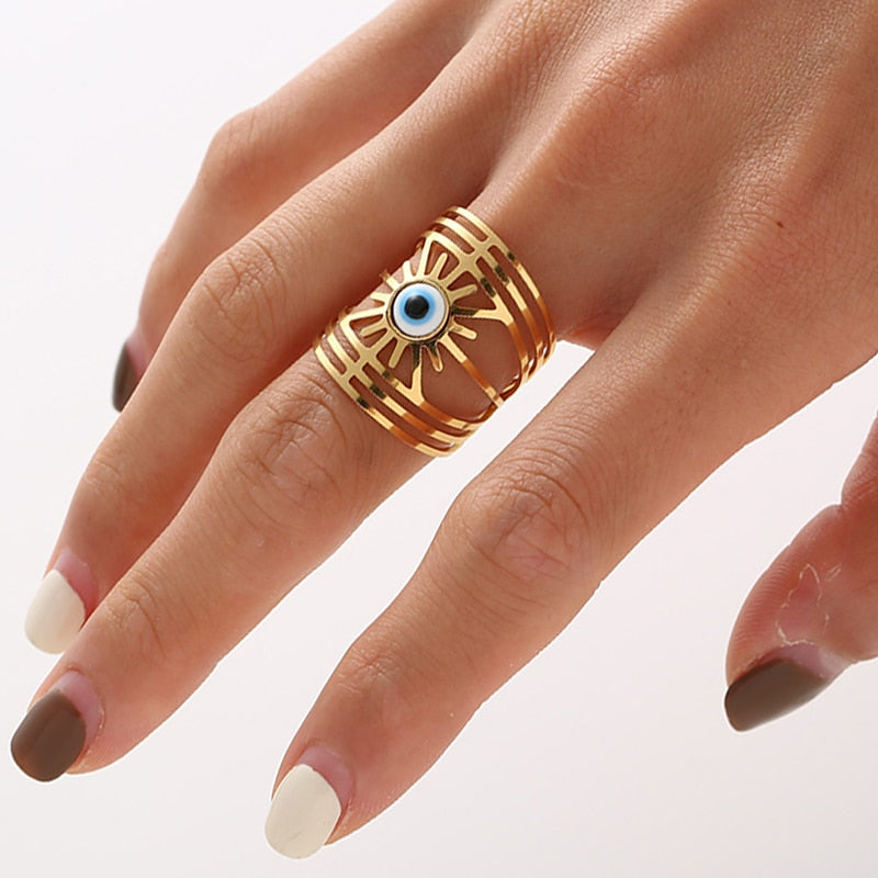 14K Gold Plated  Wide Evil Eyes Rings