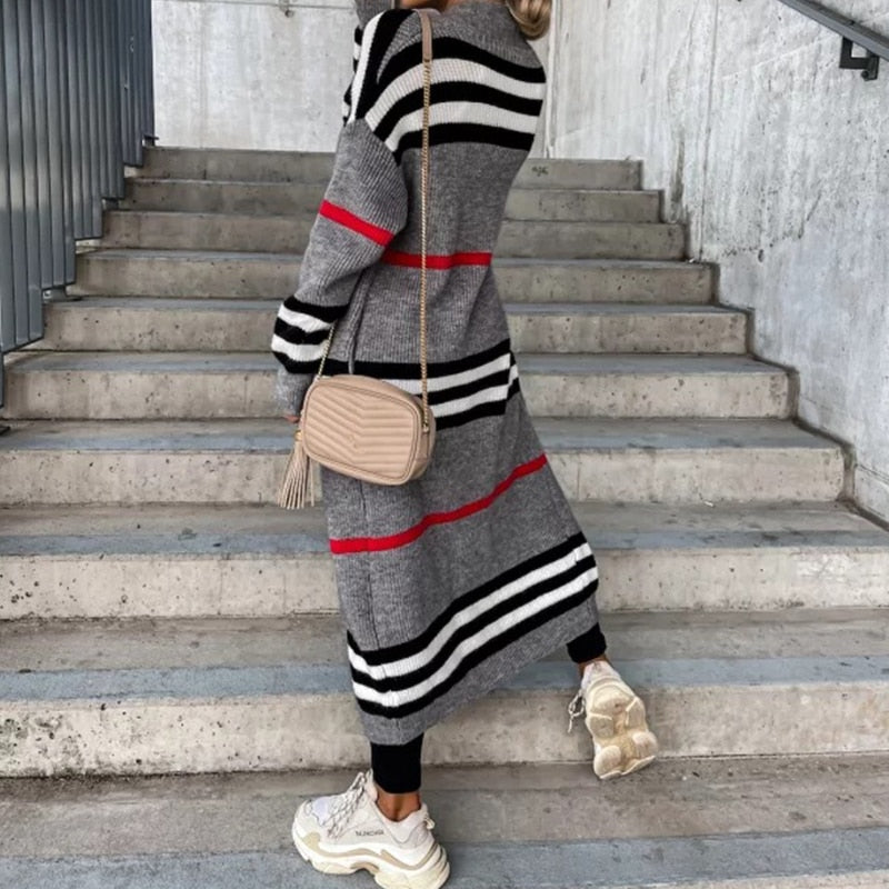 Striped Patchwork Maxi Sweater Coat