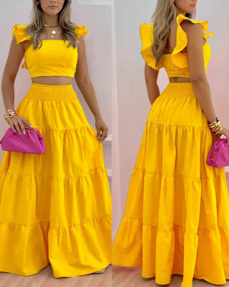 Summer Crop Top & High Waist Loose Maxi Skirts Set