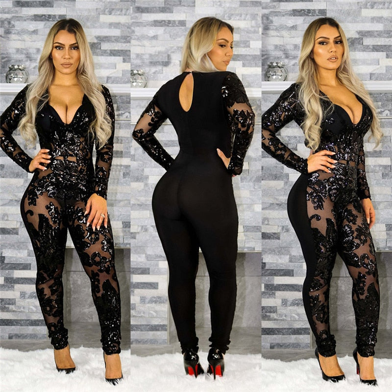 Long Sleeve Sparkly See Through Black Sequin Jumpsuit
