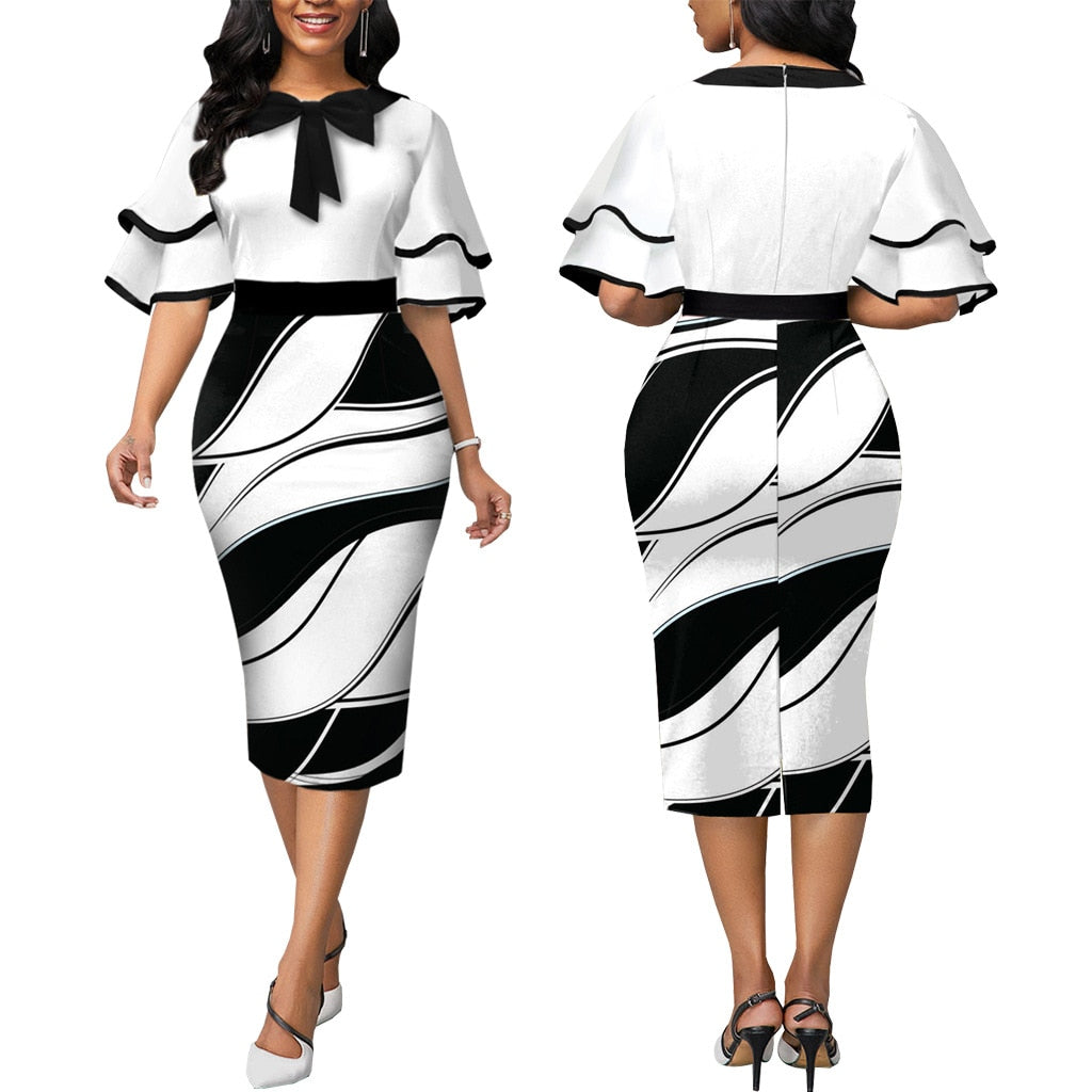 Black and White Ruffle Sleeve Bowtie Bodycon Print Dresses