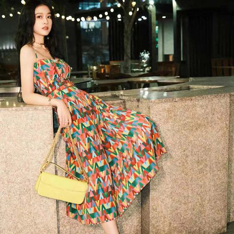 Summer Color Lettered Printed Spaghetti Strap Dress