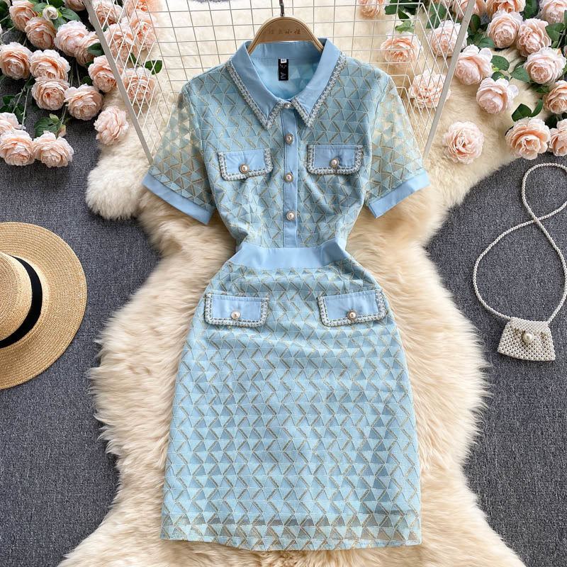 Summer Elegant Short-sleeved Turn Down Collar Buttons Geometric Dress