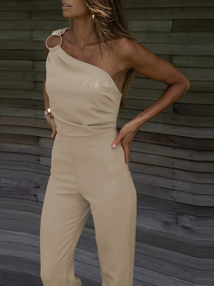 Elegant Diagonal Collar One Shoulder Jumpsuit