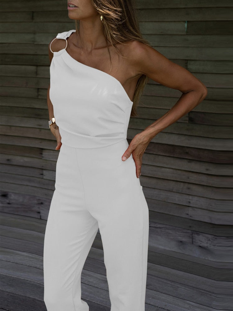 Elegant Diagonal Collar One Shoulder Jumpsuit