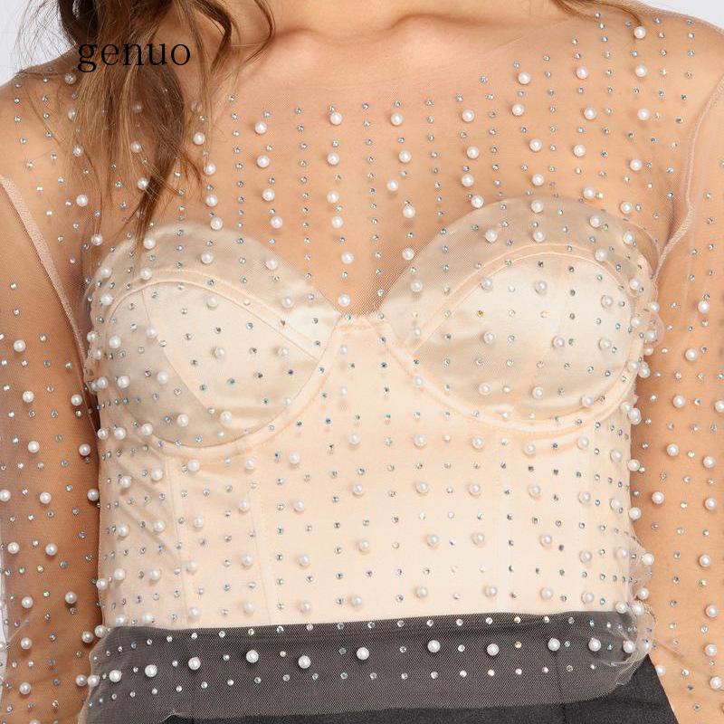 Chic Pearl Long Sleeve Mesh Retro Party Bodycon Summer Blouse
