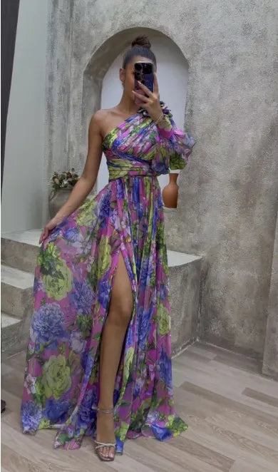 Sexy Contrasting Colors Flower Print One Shoulder Sleeve Dress