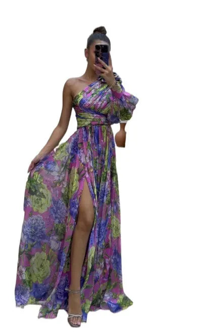 Sexy Contrasting Colors Flower Print One Shoulder Sleeve Dress