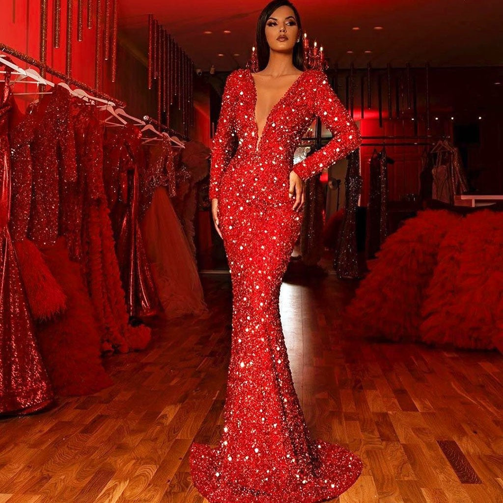 Sexy Deep V Neck Sequined Slim Red Bodycon Dress