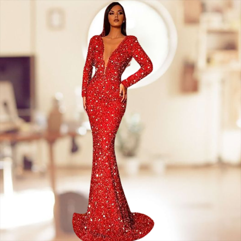 Sexy Deep V Neck Sequined Slim Red Bodycon Dress