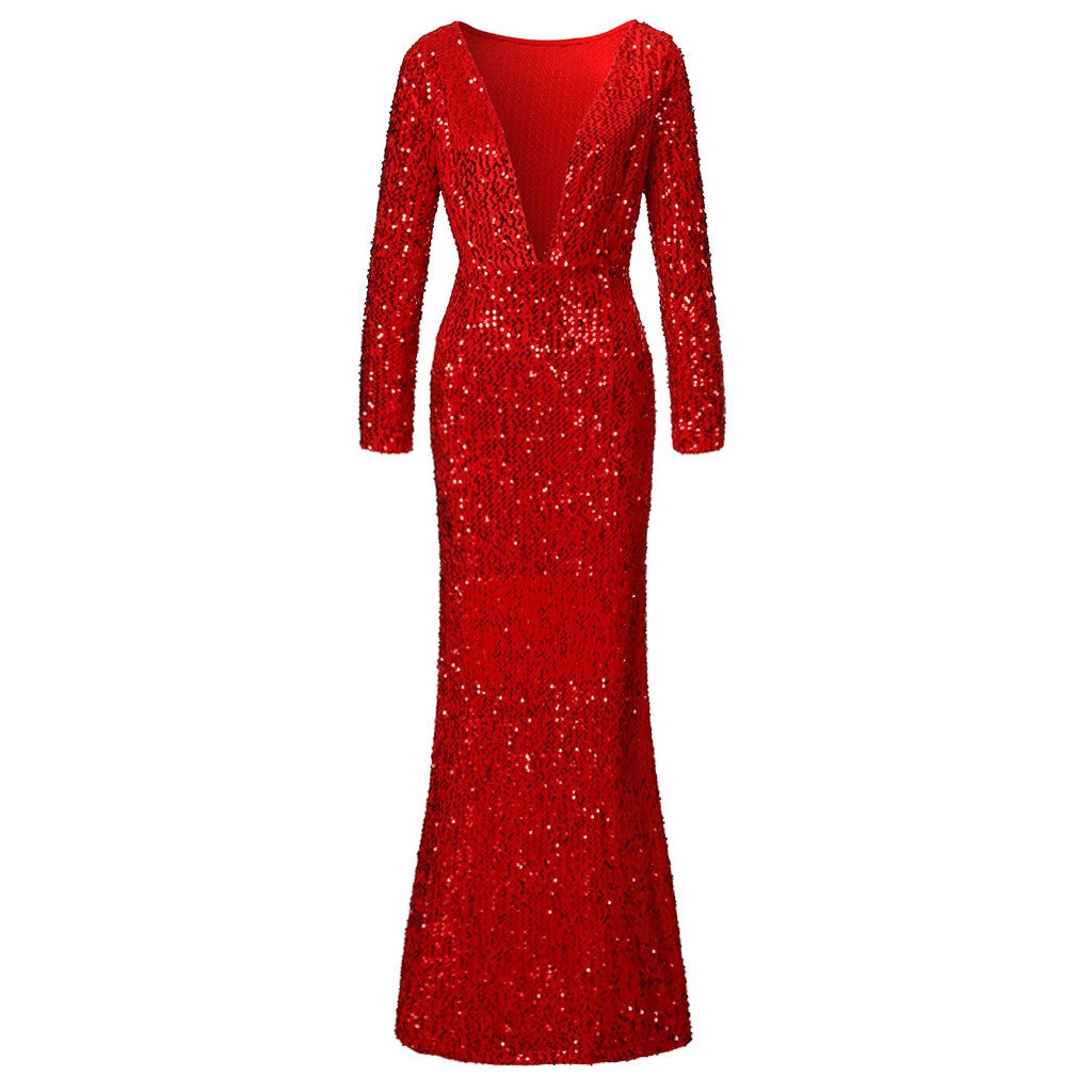 Sexy Deep V Neck Sequined Slim Red Bodycon Dress
