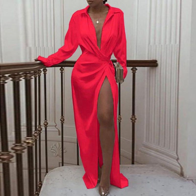 Sexy Hem Turn-down Collar Long Sleeve Split Maxi Dresses