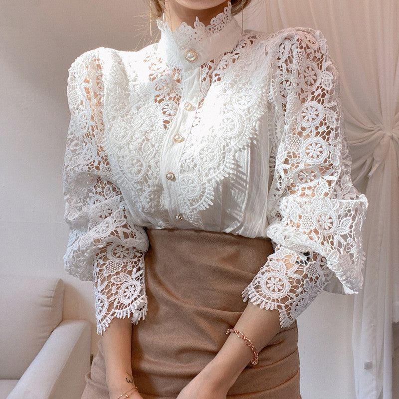 Stand Collar Flower Solid Hollow Out Lace Women Blouse