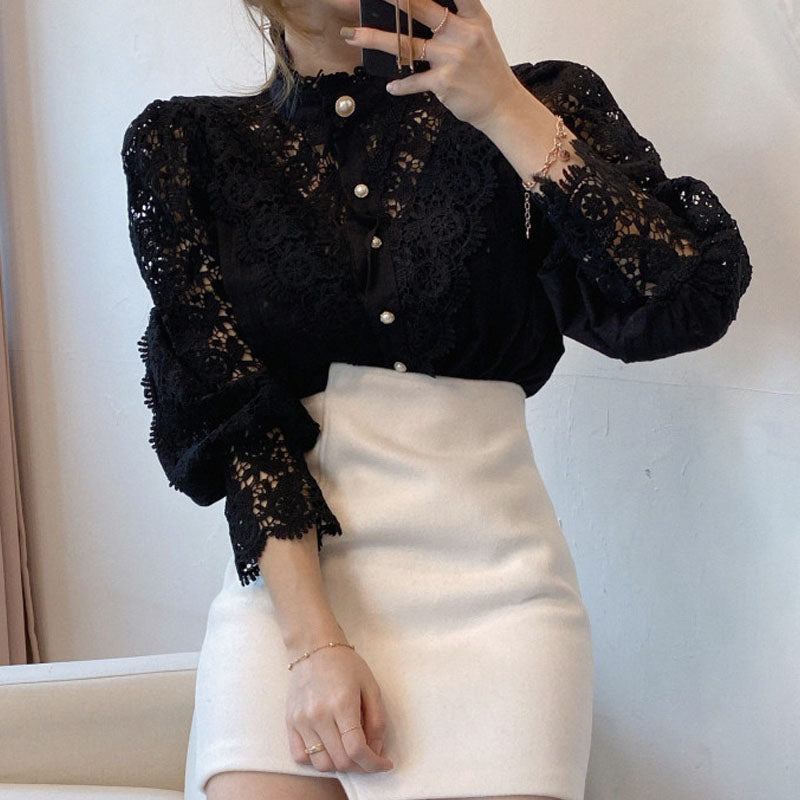 Stand Collar Flower Solid Hollow Out Lace Women Blouse