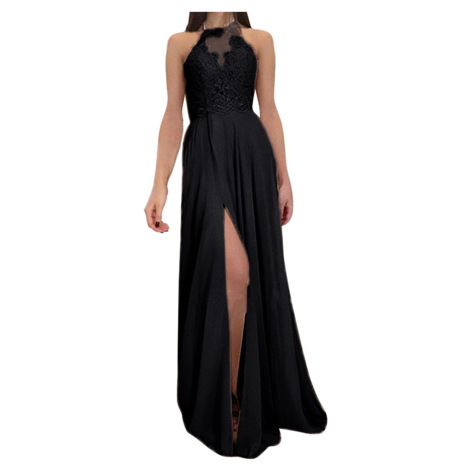 Sexy Lace Backless Halter Maxi Dress