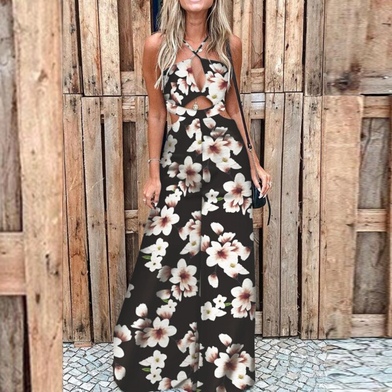 Off Shoulder Hollow Print Jumpsuit