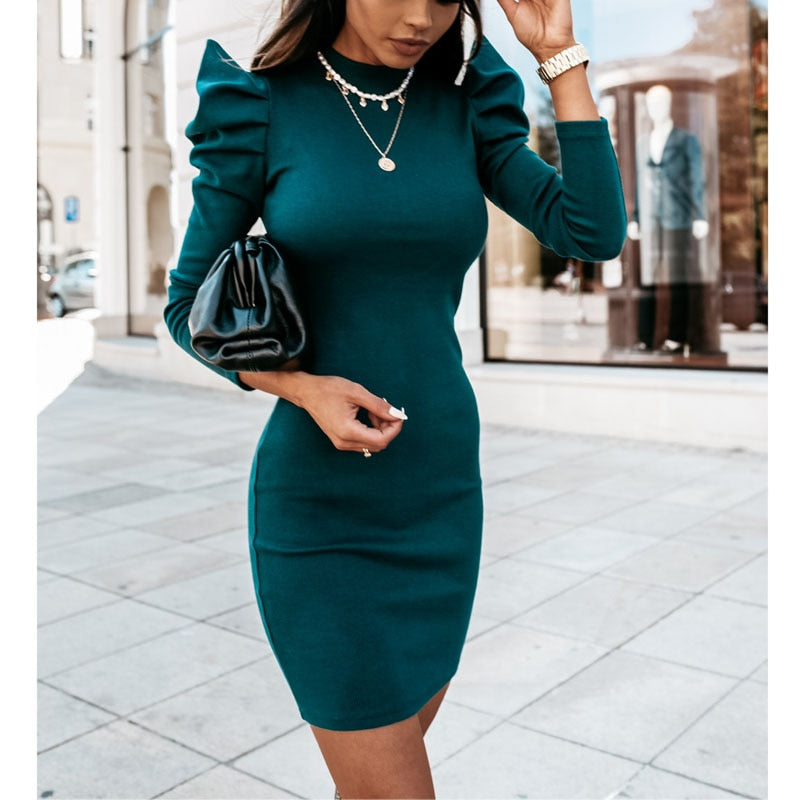 Puff Long Sleeved Solid Color Bodycon Dress