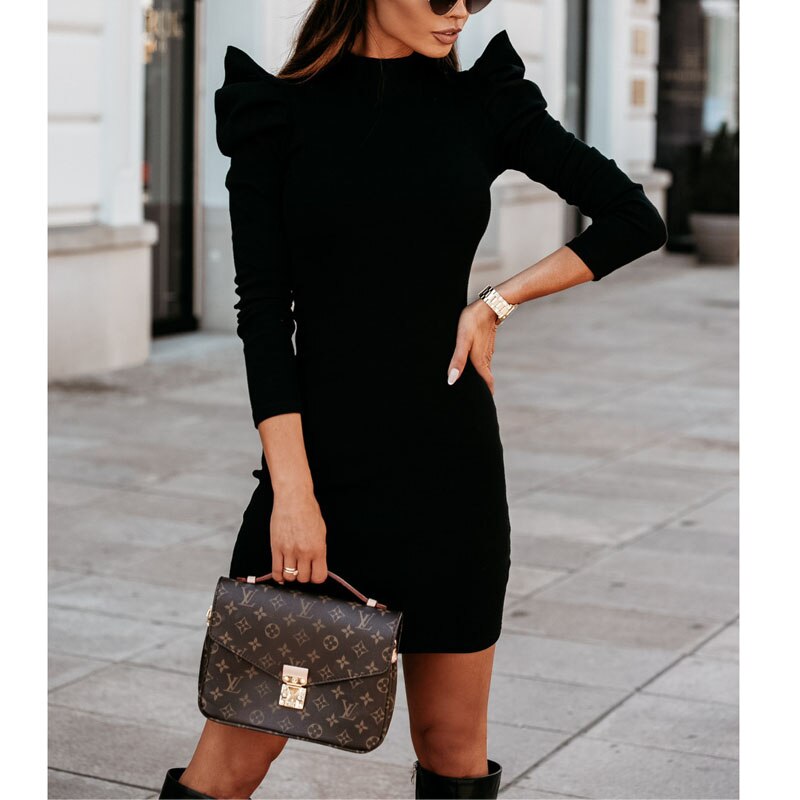 Puff Long Sleeved Solid Color Bodycon Dress