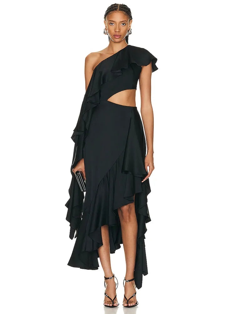 Sexy One Shoulder Asymmetric Ruffled Dress