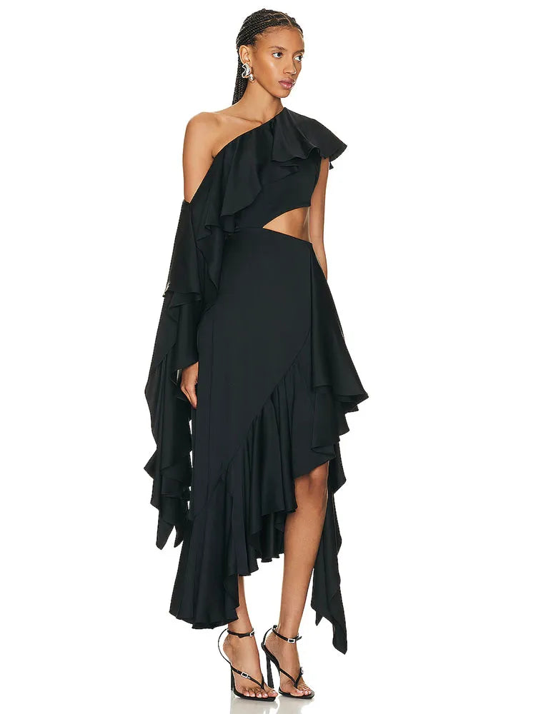 Sexy One Shoulder Asymmetric Ruffled Dress