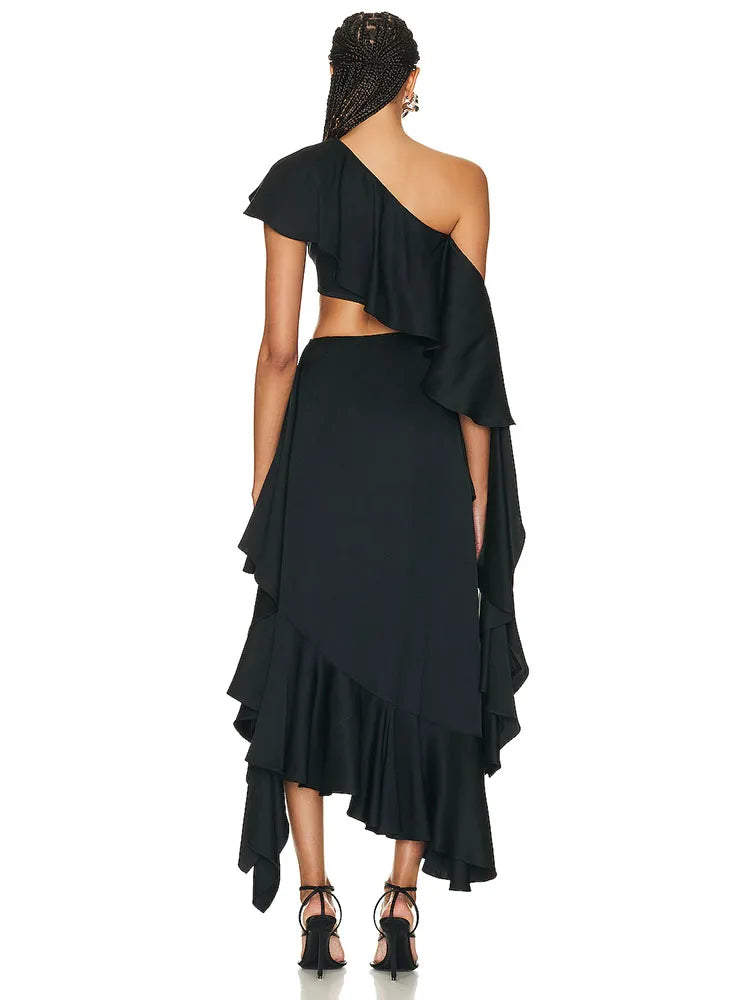 Sexy One Shoulder Asymmetric Ruffled Dress