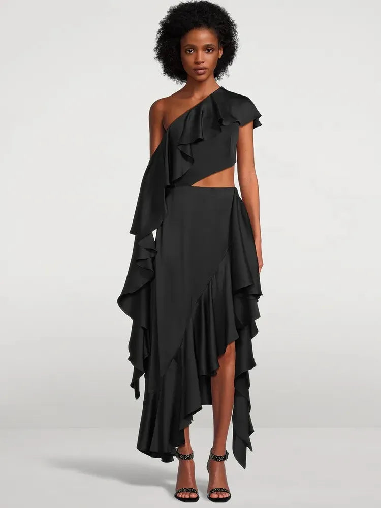 Sexy One Shoulder Asymmetric Ruffled Dress