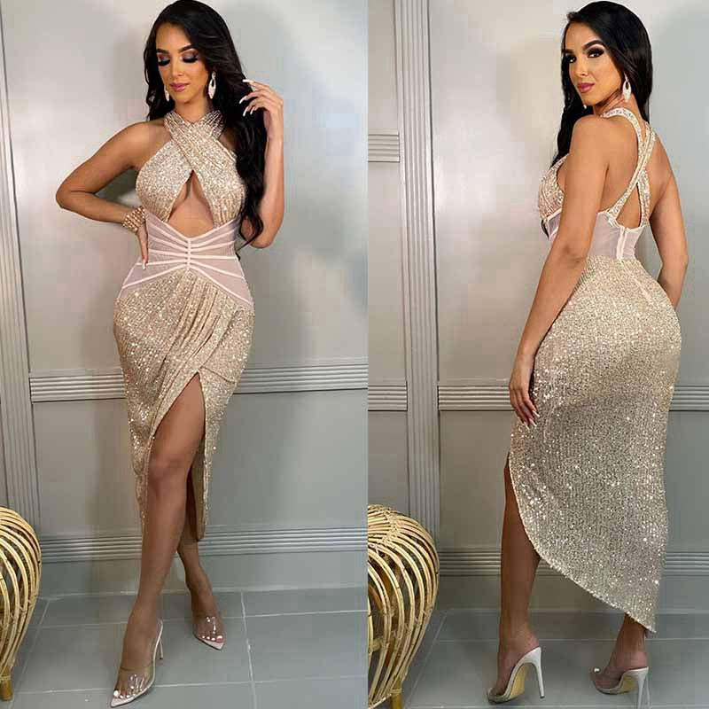 Elegant Glitter Sparkly  Side Slit Bodycon Dress