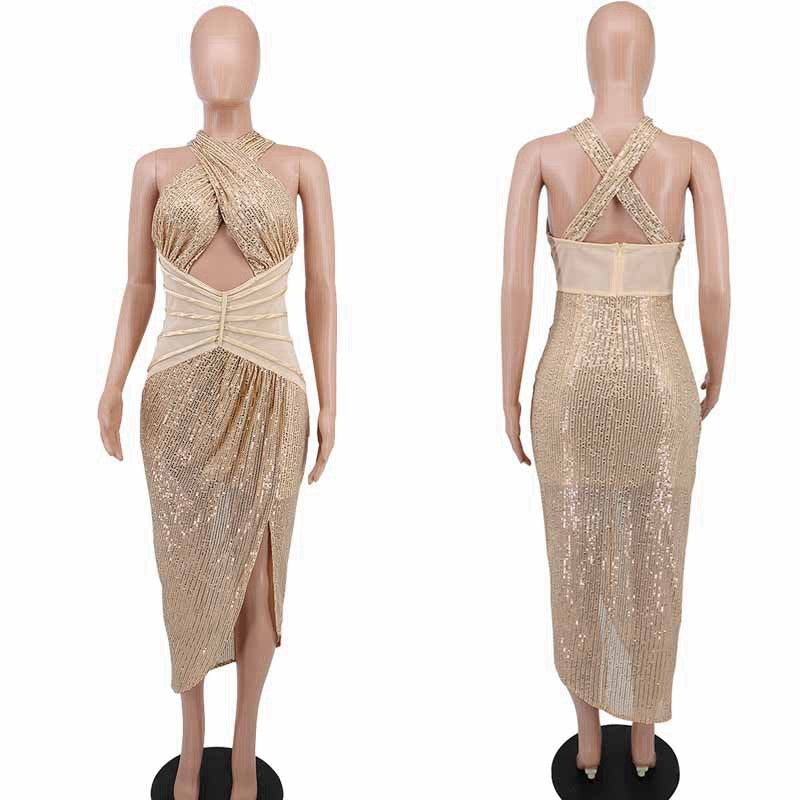 Elegant Glitter Sparkly  Side Slit Bodycon Dress