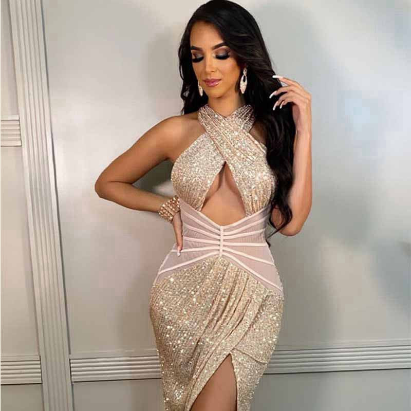 Elegant Glitter Sparkly  Side Slit Bodycon Dress