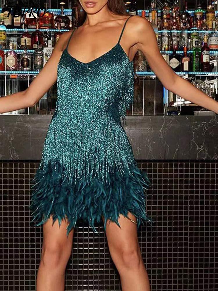 Sexy Tassel Sequins Feather Mini Dress