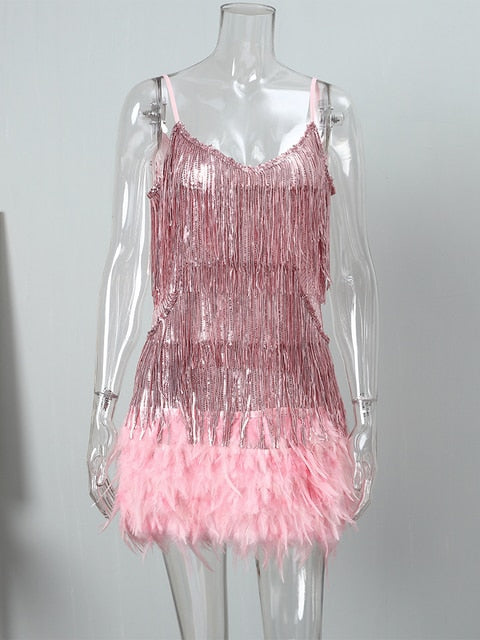 Sexy Tassel Sequins Feather Mini Dress