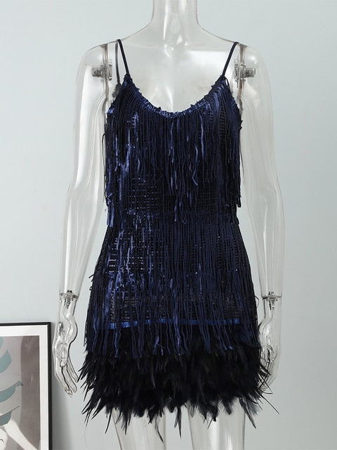 Sexy Tassel Sequins Feather Mini Dress