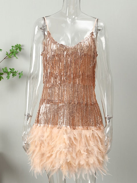 Sexy Tassel Sequins Feather Mini Dress