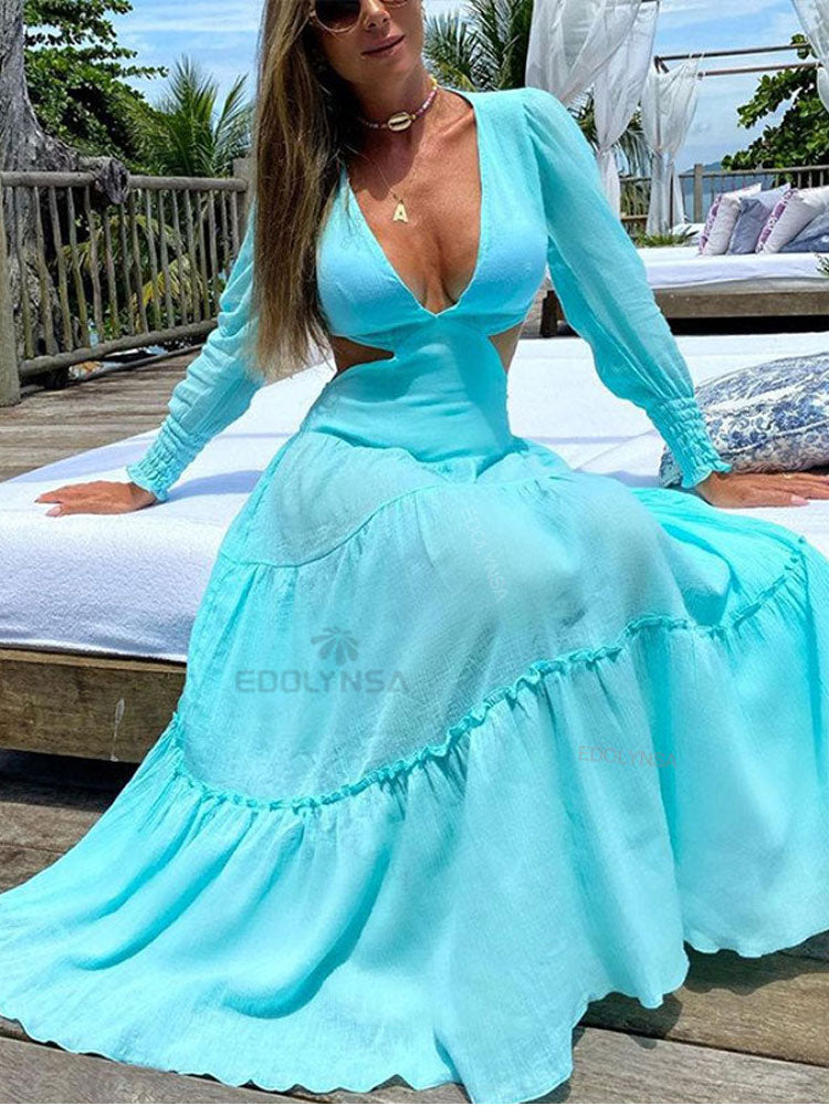 Long Sleeve V-Neck Solid Backless Hollow Out Maxi Dress