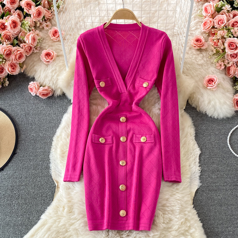 Sexy V-neck Long Sleeve Knit Bodycon Dress