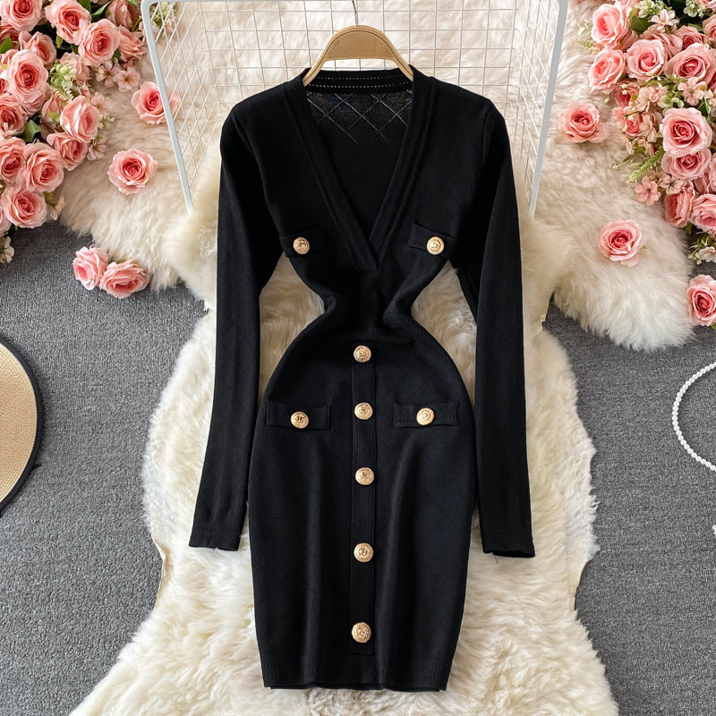 Sexy V-neck Long Sleeve Knit Bodycon Dress