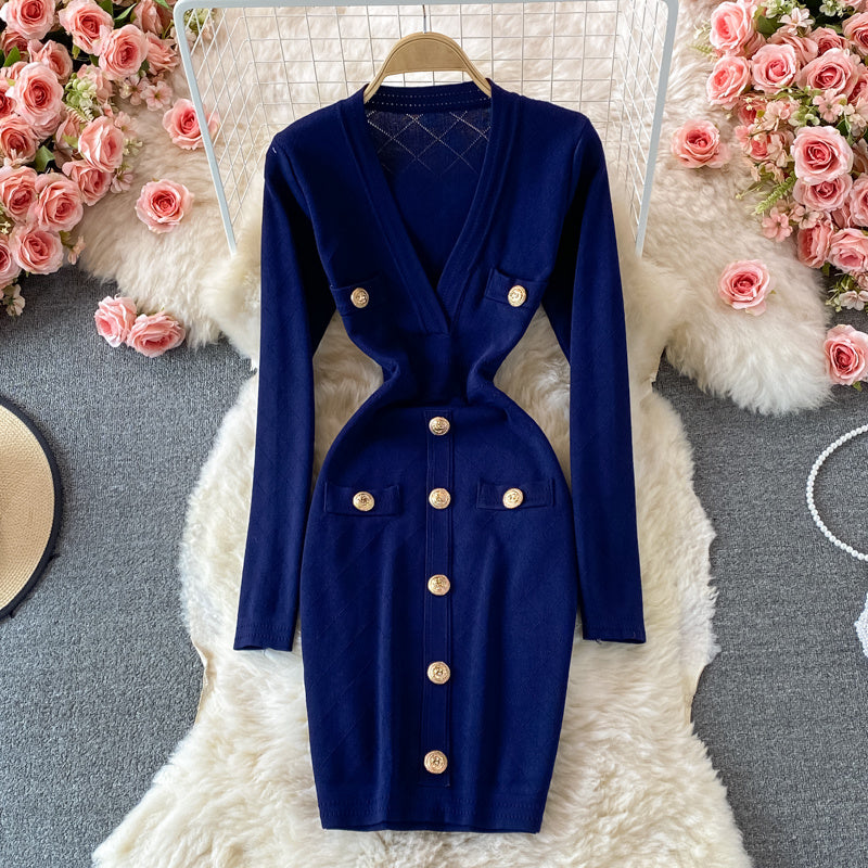 Sexy V-neck Long Sleeve Knit Bodycon Dress