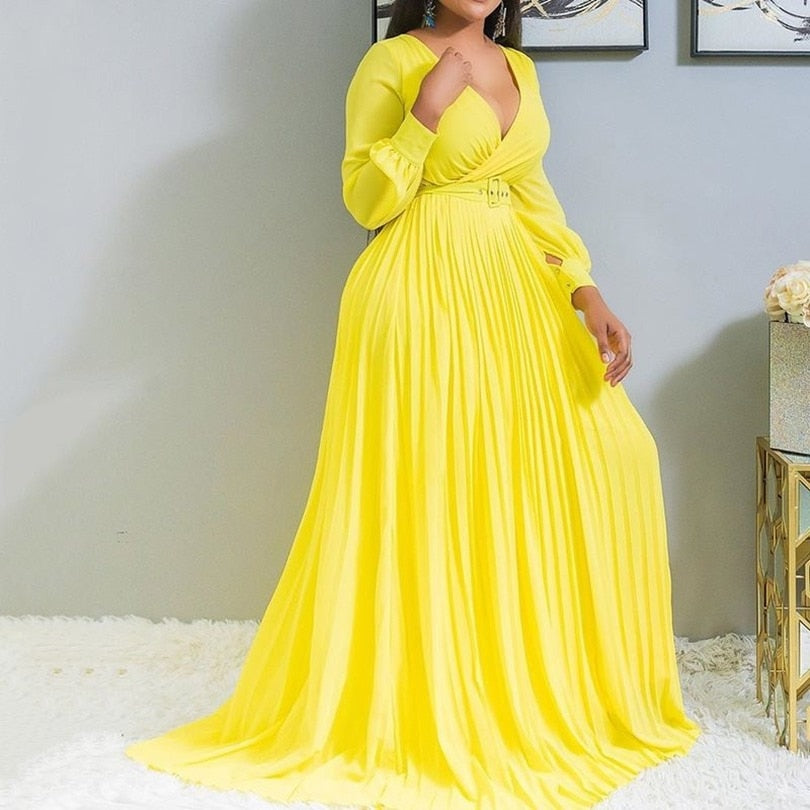 Sexy Yellow Plus Size Women Pleated Loose Long Dresses