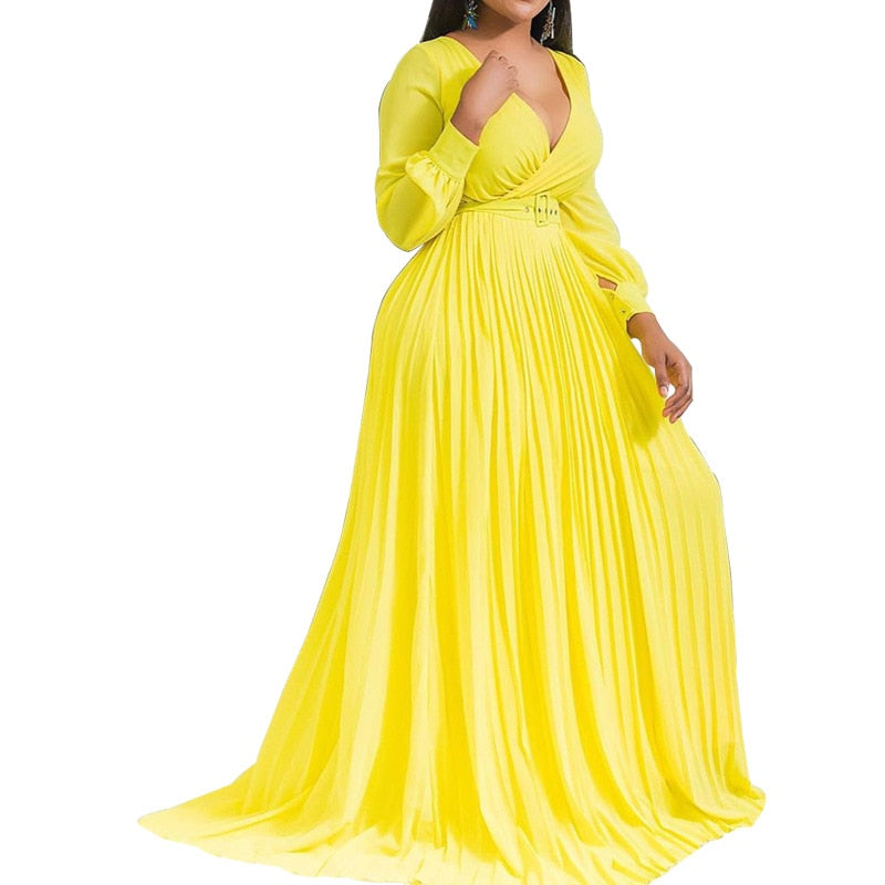 Sexy Yellow Plus Size Women Pleated Loose Long Dresses
