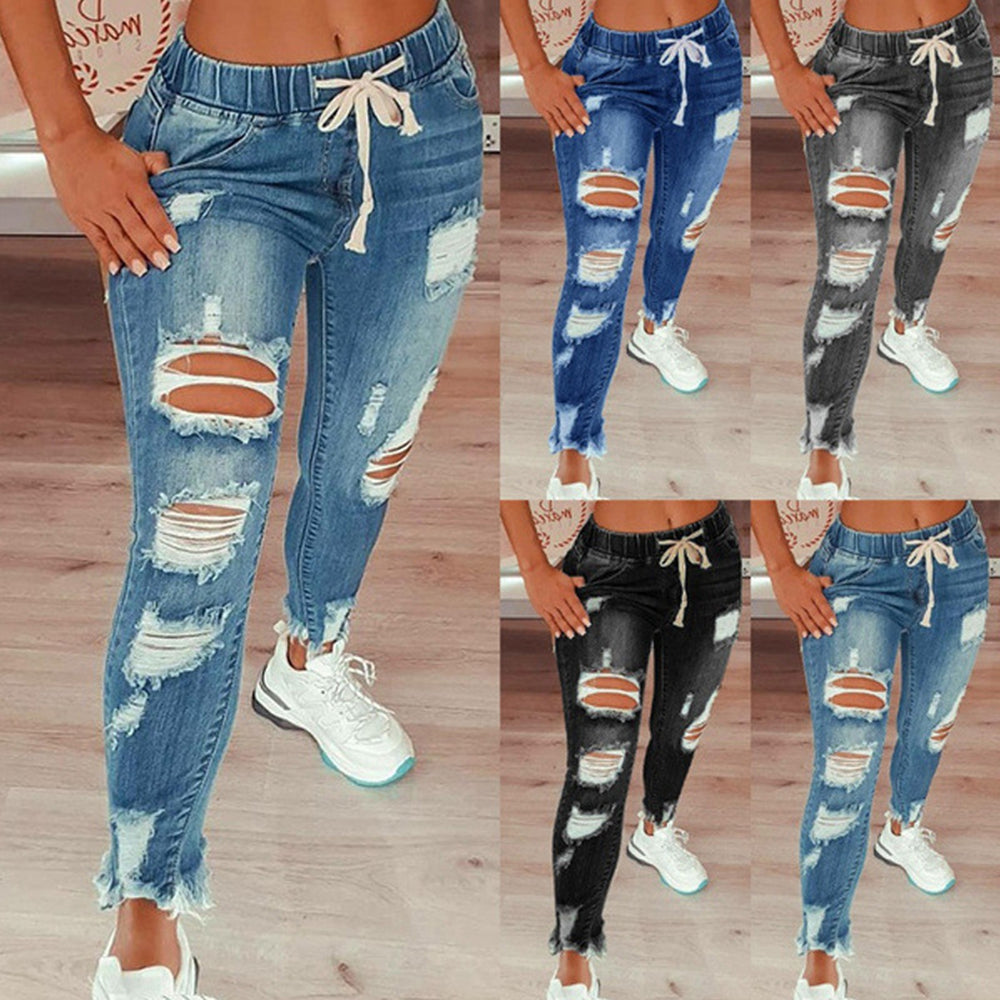 High Waist Ripped Hole Stretch Drawstring Denim Jeans