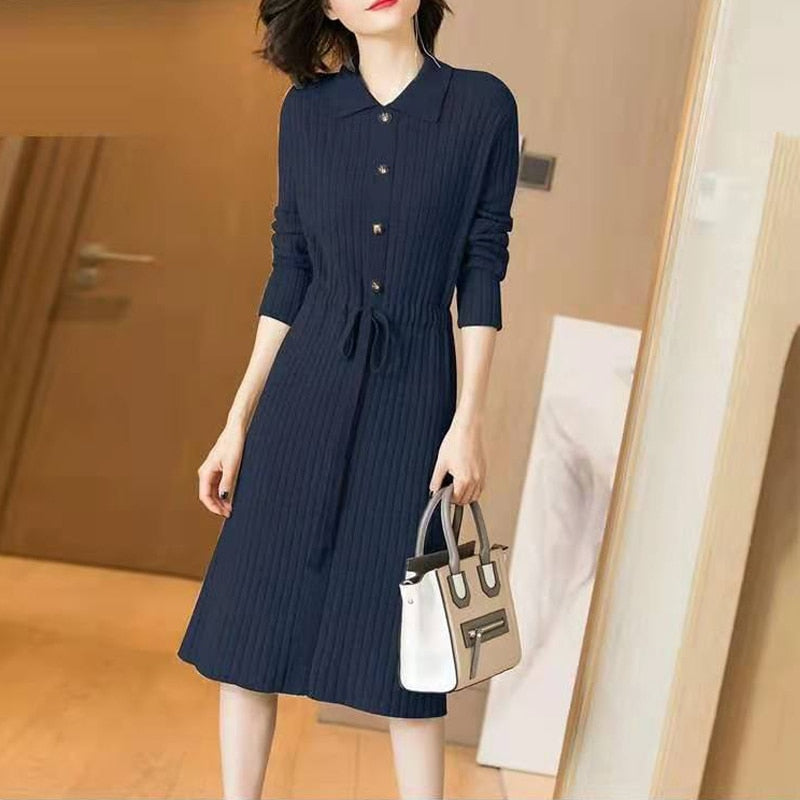 Autumn Winter Elegant Lace Up Button Slim Soft Knitted Sweater Midi Dress